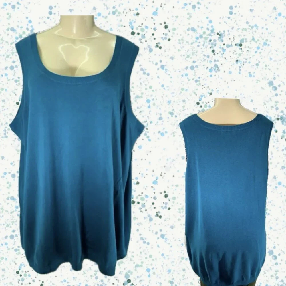 Jessica London Plus 3X-26/28 Teal Scoop Neckline Ribbed Trim Sweater Tank Top
